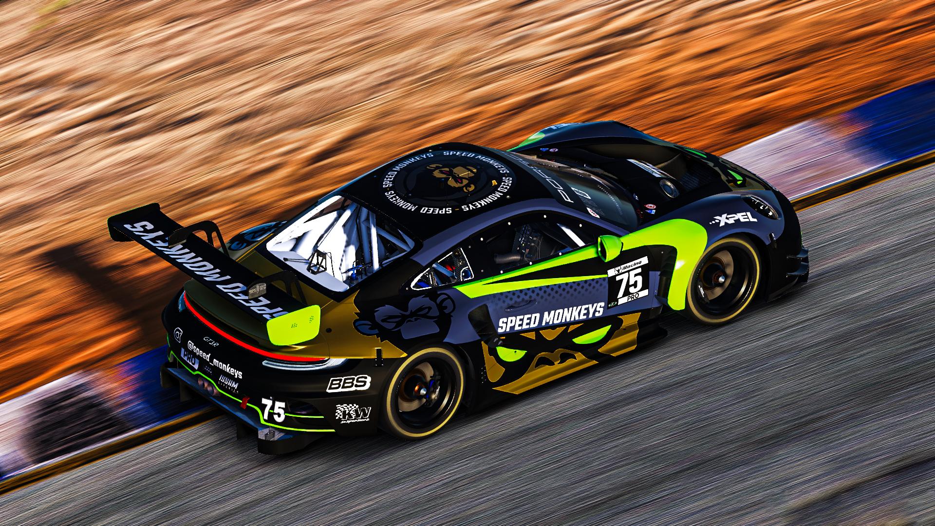 Speed-Monkeys-Porsche GT3 in einer Kurve, von oben fotografiert